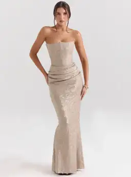 House of CB Persephone Chiffon Mesh Strapless Corset Maxi Dress Pale Gold Size S / AU 8 for rent on The Volte - image 1