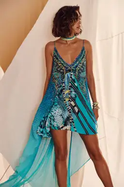 Camilla Flared Mini Dress With Sheer Overlay in Marine Queen Size 6