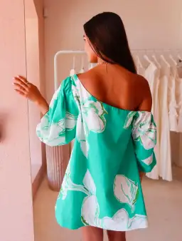 By Nicola Capri Off Shoulder Relaxed Mini Dress in Verde Fleur Size 12 for rent on The Volte - image 2