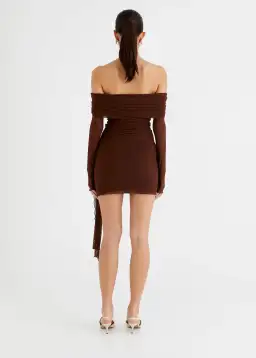 Benni Yasmin Off Shoulder Mini Dress in Cocoa Brown Size S / AU 8 for rent on The Volte - image 3