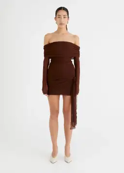 Benni Yasmin Off Shoulder Mini Dress in Cocoa Brown Size S / AU 8 for rent on The Volte - image 1