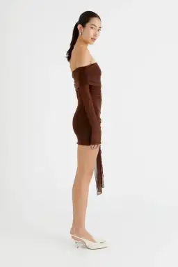 Benni Yasmin Off Shoulder Mini Dress in Cocoa Brown Size S / AU 8 for rent on The Volte - image 2