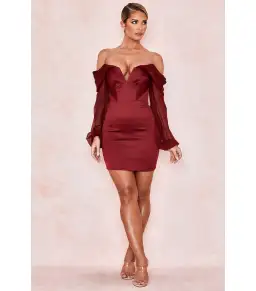House Of CB Olivia Satin Off Shoulder Dress Wine Size M / AU 10 for rent on The Volte - image 1