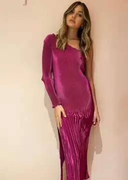 L'idee Soirée One Shoulder Long Sleeve Dress in Magenta Size 8 for rent on The Volte - image 4