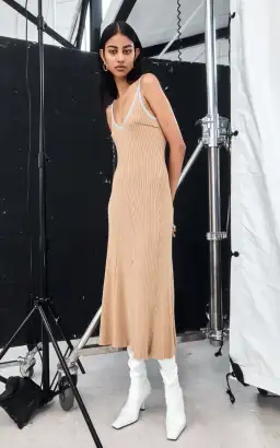 Anna Quan Scarlet Ribbed Knit Cotton Midi Dress Tan/Blue Size 10 for rent on The Volte - image 1