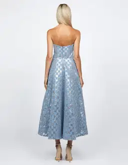 Bariano Zaharina Strapless Tea Midi Dress in Silver/Blue Size AU 6  for rent on The Volte - image 3