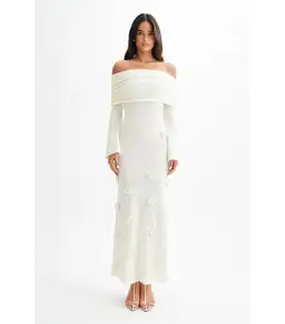 Meshki Kiki Off Shoulder Knit Rose Maxi Dress Ivory Size S / AU 8 for rent on The Volte - image 1