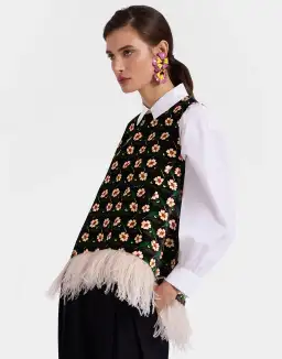 La Double J La Scala Top Mayfair Black in Cotton Velvet With Feathers Size XS / AU 6