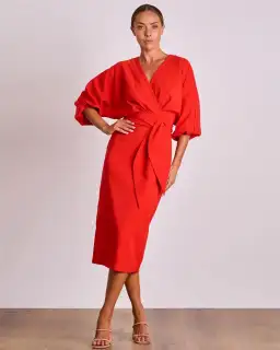 Pasduchas Emerson Drape Midi Dress Poppy Red Size 10