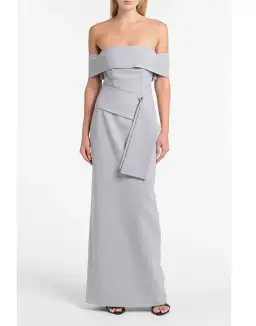 Carla Zampatti Silver Crepe La Banda Off Shoulder Gown Size 6  for rent on The Volte - image 3