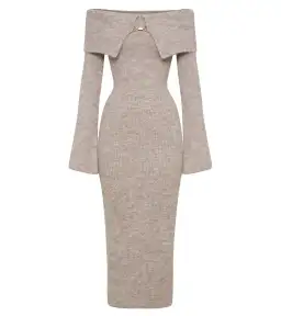 Meshki Baxter Off Shoulder Fluffy Knit Midi Dress Taupe Marle Size L / AU 12 for rent on The Volte - image 4