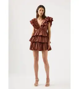 Aje Rythmic Frilled Mini Dress Brown Size AU 8
