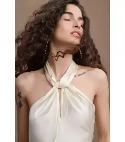 Ronny Kobo Samra Satin Twist-Halter Column Gown Cream Size AU 12 for rent on The Volte - image 2
