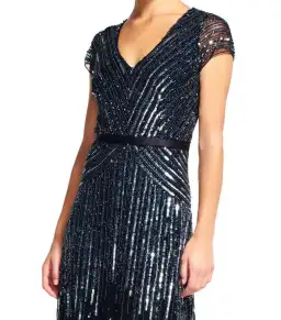Adrianna Papell Sequinned V-Neck Cap Sleeve Gown Gunmetal Size AU 12 for rent on The Volte - image 2
