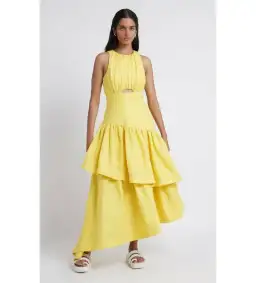 Aje Caliente Cut out Tiered Midi Dress Yellow Size 8 