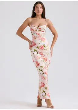House of CB Josefina Satin Maxi Dress Pink Peony Floral Print Size S / AU 8