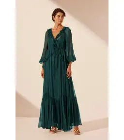 Shona Joy Layla Drawstring Ruffle Maxi Dress Dark Teal Size AU 14