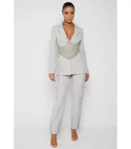 Maniere De Voir Blazer with Vegan Leather Corset Silver Size XS / AU 6  for rent on The Volte - image 1