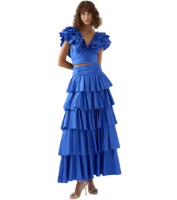 Aje Imagination Frill Sleeve Top Size AU 14 and Eleni Tiered Maxi Skirt Blue Size AU 12 