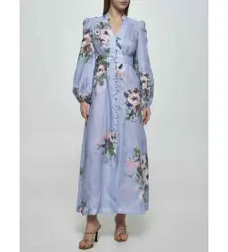 Zimmermann The Everley Plunge Midi Dress in Light Blue Watercolour Floral  Size 2/Au  12