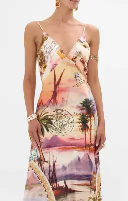 Camilla V Neck Full Length Bias Slip Dress Millas Got Mail Print Size L / AU 14 for rent on The Volte - image 3