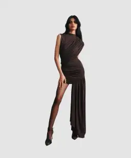 De La Vali Ravenna Draped Jersey Mini Dress Brown Size 8 for rent on The Volte - image 1