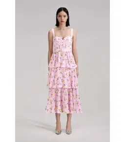 Self Portrait Tiered Midi Dress Pink Floral Print Size AU 6