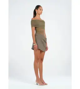 Benni Nico Off Shoulder Mini Dress in Khaki Size AU 8 for rent on The Volte - image 2