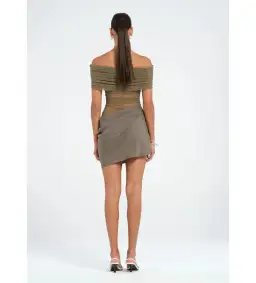 Benni Nico Off Shoulder Mini Dress in Khaki Size AU 10 for rent on The Volte - image 3