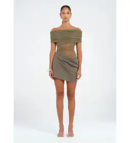 Benni Nico Off Shoulder Mini Dress in Khaki Size AU 10 for rent on The Volte - image 1