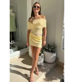 Benni Nico Off Shoulder Mini Dress Butter Size AU 6