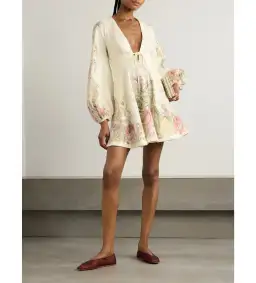 Zimmermann Waverly Plunge Tie-detailed Floral-print Linen Mini Dress Floral Size 0/Au 8 for rent on The Volte - image 1