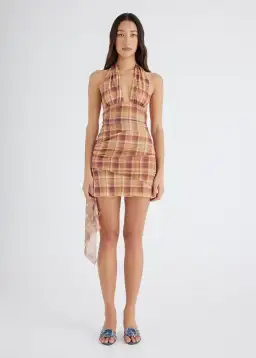 BENNI Penelope Halter Dress Toffee Check Size 8