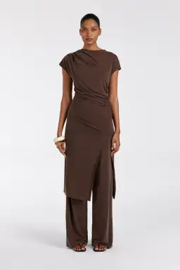 Dissh Rio Bitter Choc Draped Tunic Top & Wide Leg Modal Pant Set Brown Size 8 for rent on The Volte - image 2