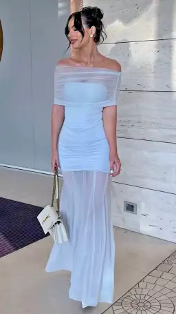 Meshki Caspian Slinky And Mesh Off Shoulder Maxi Dress Pale Blue Size 10 for rent on The Volte - image 3