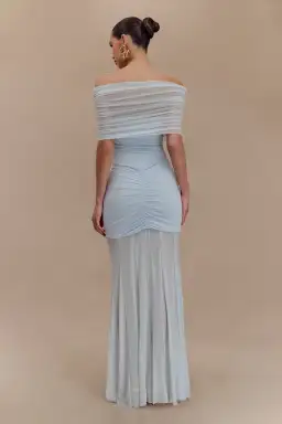 Meshki Caspian Slinky And Mesh Off Shoulder Maxi Dress Pale Blue Size 10 for rent on The Volte - image 2