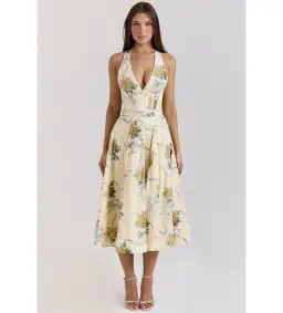 House of CB Allena Ribbon Stretch Cotton Halter Midi Sundress in Lemon Size AU 8 for rent on The Volte - image 1