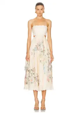Zimmermann The Halliday Scallop Midi Dress in Cream Watercolour Floral Size 2 / AU 12