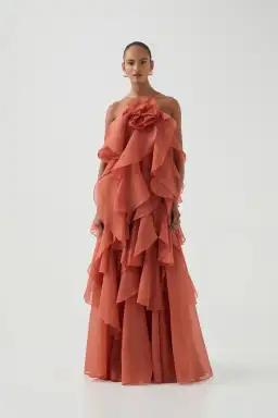Aje Pandorea Layered Maxi Dress Coral Clay Size 6