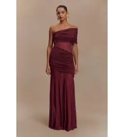 Meshki Dallas One Shoulder Mesh Maxi Dress Burgundy Size AU 8 for rent on The Volte - image 1