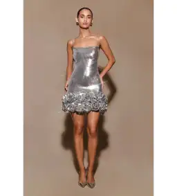 Meshki Faye Sequin Flower Mini Dress Silver Size AU 8 for rent on The Volte - image 1