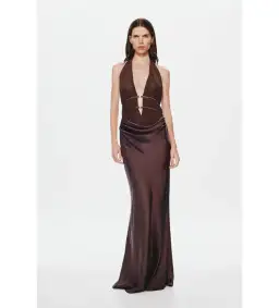Misha Collection The Celine Satin and Mesh Maxi Dress in Umber Brown Size AU 8