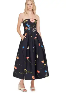 Leo Lin The Fields Embroidered Bustier Midi Dress Black Size 14