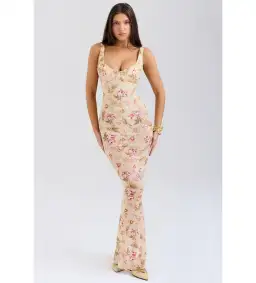 House of CB Robina Honeyflower Sheer Maxi Dress Print Size XS/AU 6