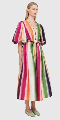 Leo Lin Fortune Stripe Silk Linen Midi Dress Size AU 12