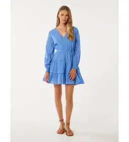 Forever New Raini Long-Sleeve Cotton Mini Dress in Blue Lake Size 14