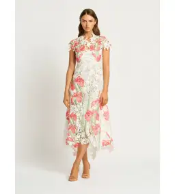 Moss and Spy Orchid Cap Sleeve Midi Dress White Floral Size AU 14