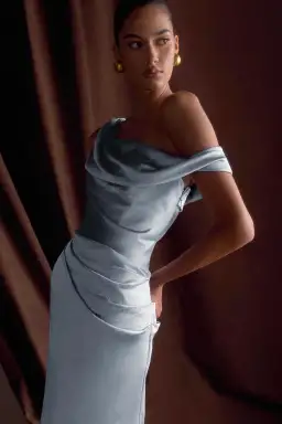 MESHKI Dalia Off Shoulder Satin Maxi Dress Frosted Blue Size 6 for rent on The Volte - image 2