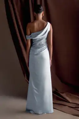 MESHKI Dalia Off Shoulder Satin Maxi Dress Frosted Blue Size 6 for rent on The Volte - image 3