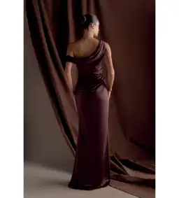 Meshki Dalia Off Shoulder Satin Dress Chocolate Brown Size 8 for rent on The Volte - image 3